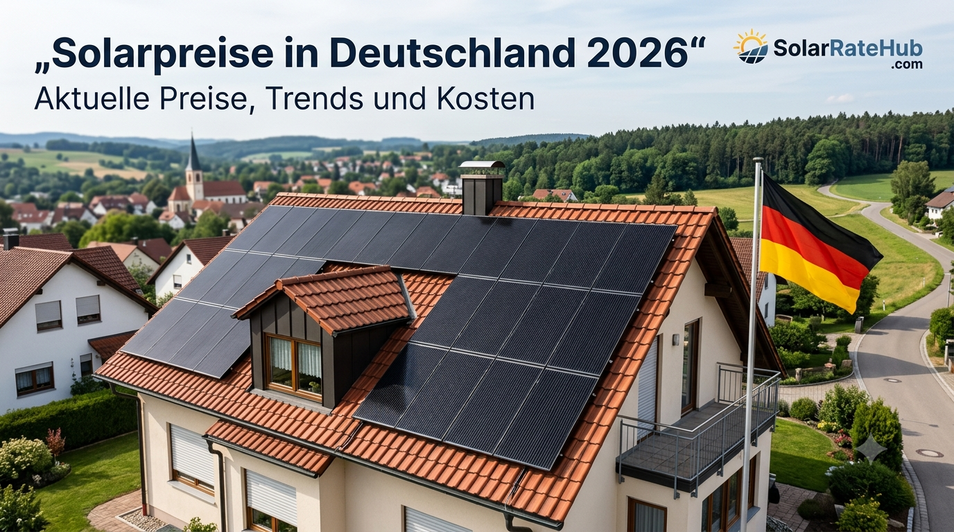 Solarpreise in Deutschland 2026 mit Solarmodulen und deutscher Flagge