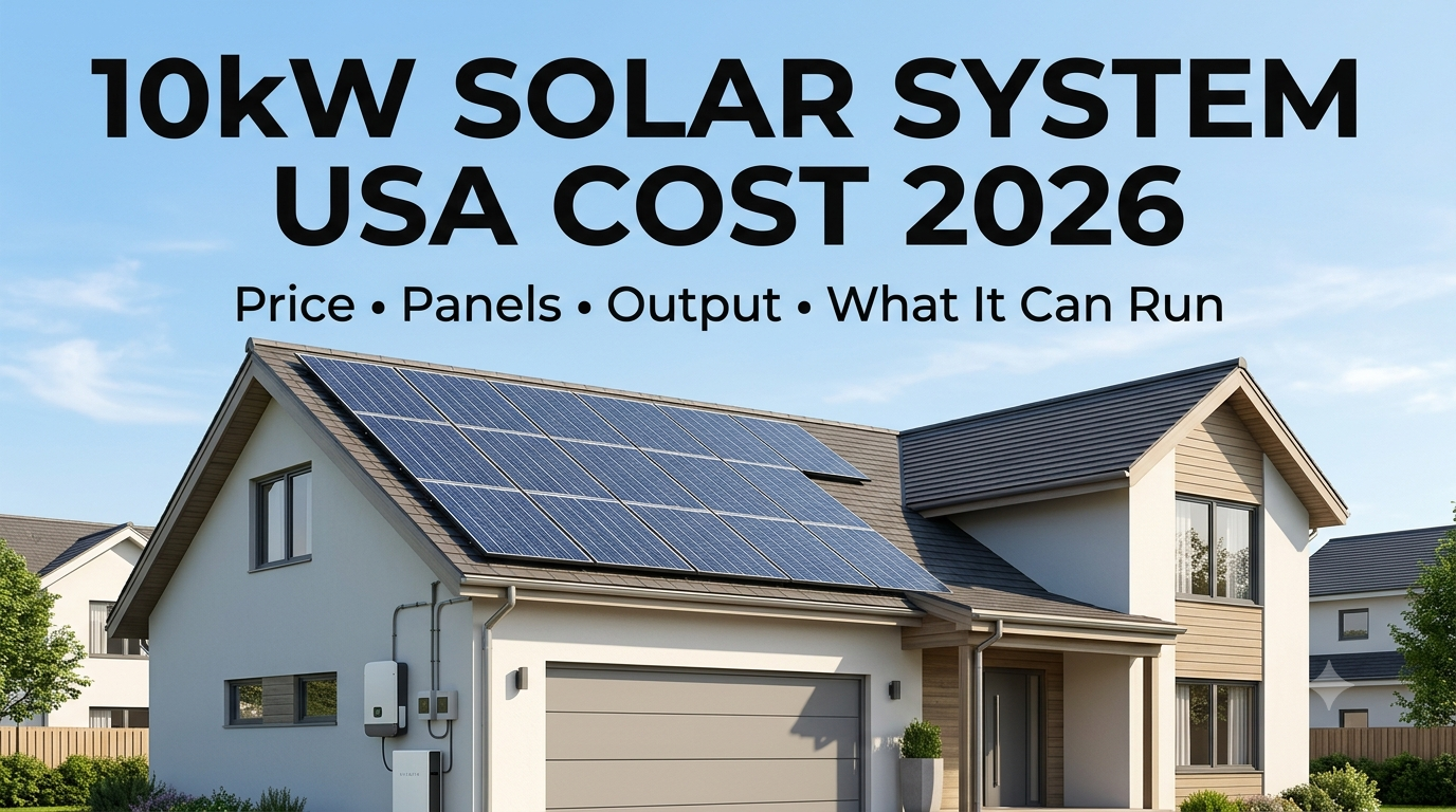 10kW solar system cost in the USA 2026 showing price, panels, output and what it can run
