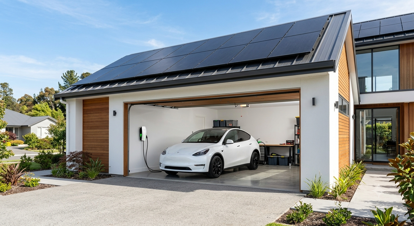 Tesla Model Y charging at home with solar panels